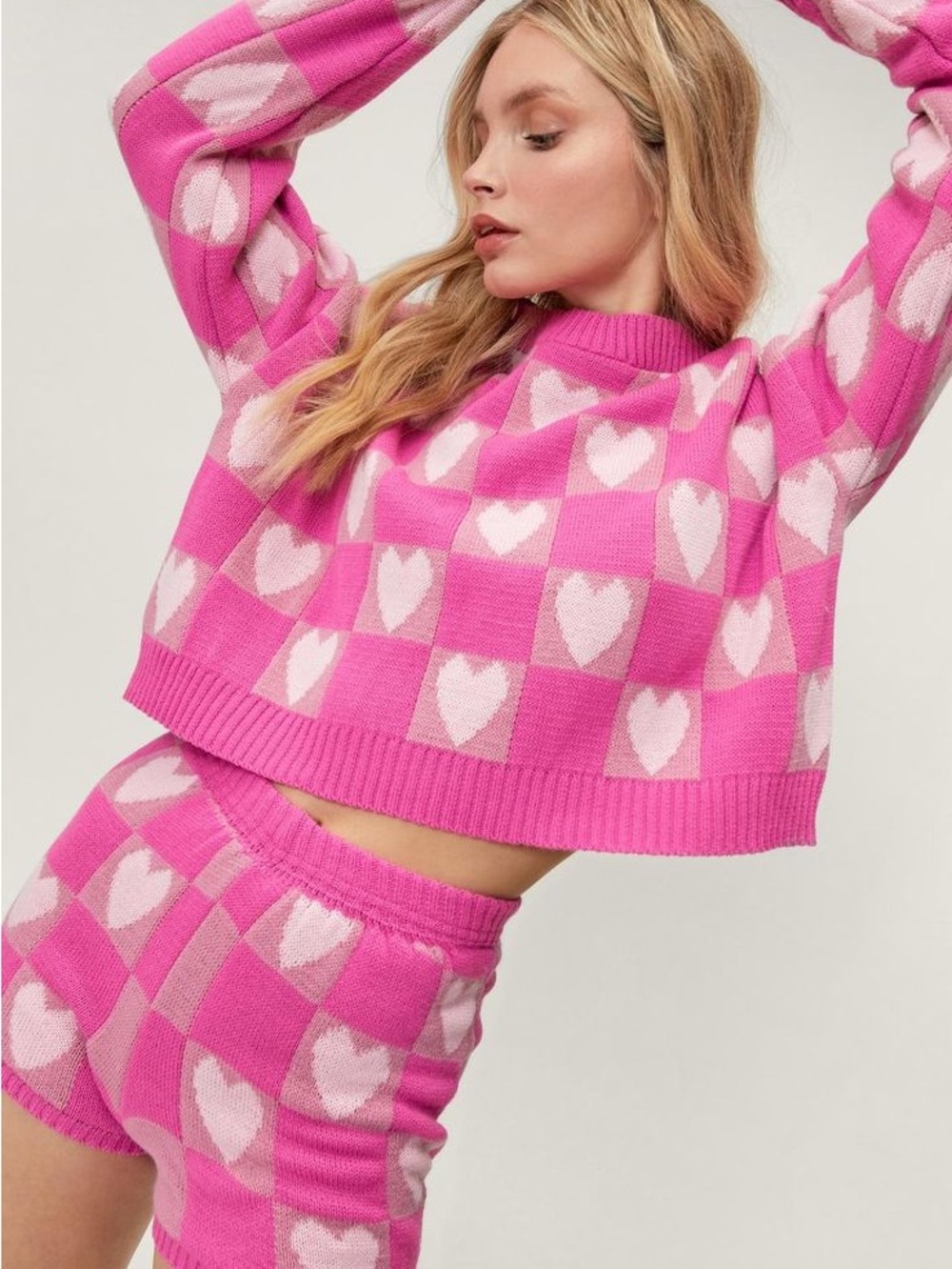 Nasty Gal Hot Pink & Light Pink Checker Heart Knit Sweater